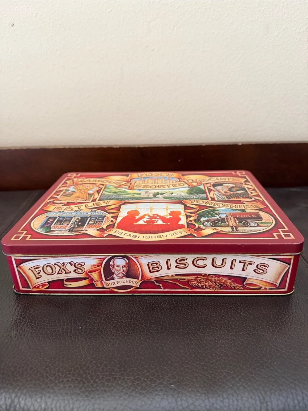 Vintage Fox's Famous Assorted Biscuits Tin Features Nostalgic Heritage Artwork
